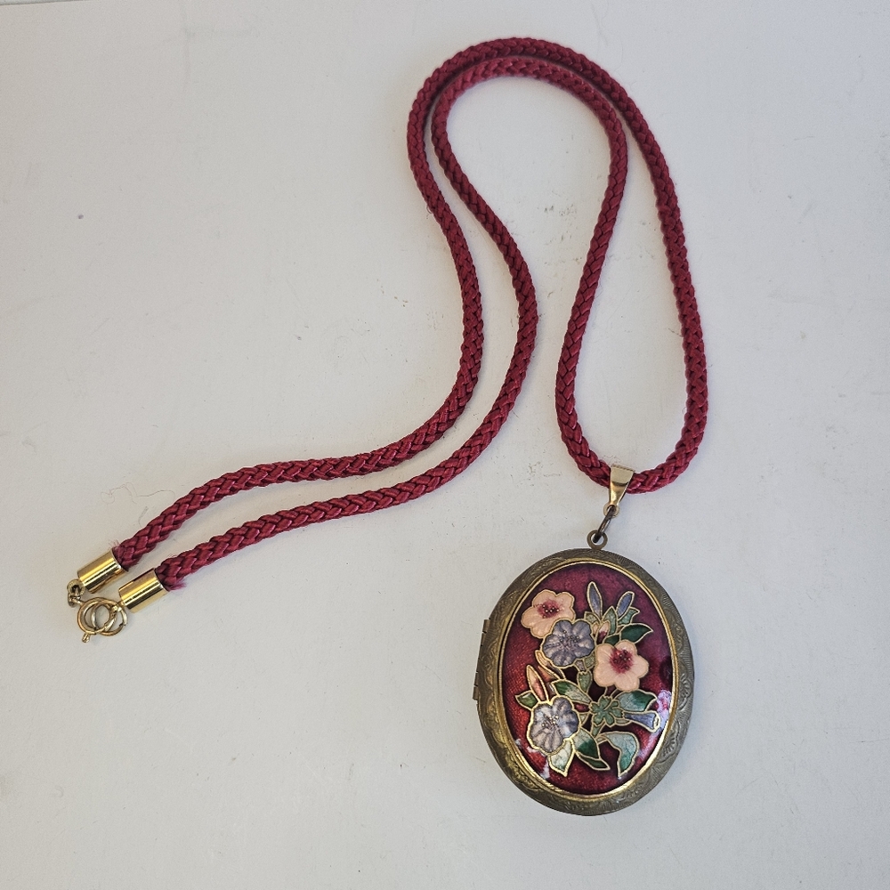 Vintage Cloisonné large Oval  locket on chain Gold Backing Floral